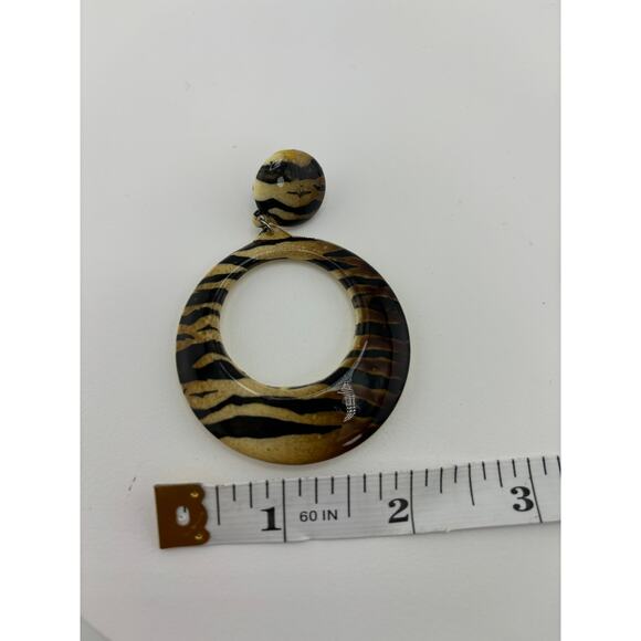 Vintage 80s Retro Zebra Stripe Circle Dangle Earrings - Black & Gold Tone - Picture 3 of 4